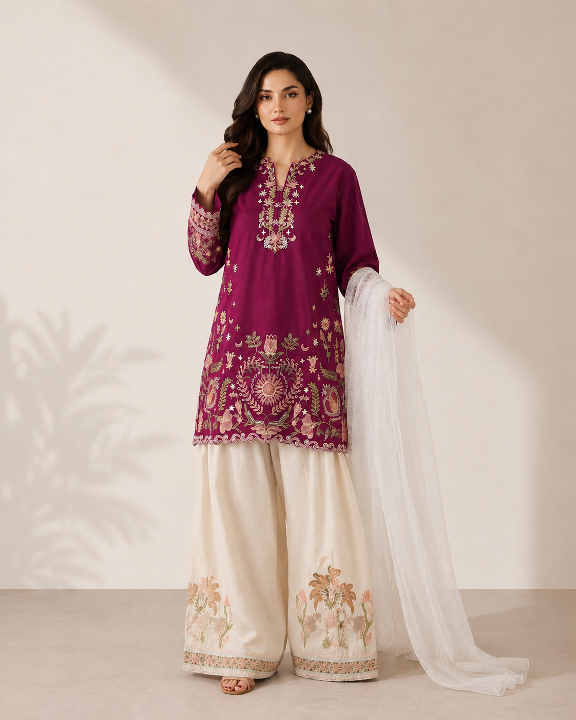 Wine 3PC Summer Embroidered Dress