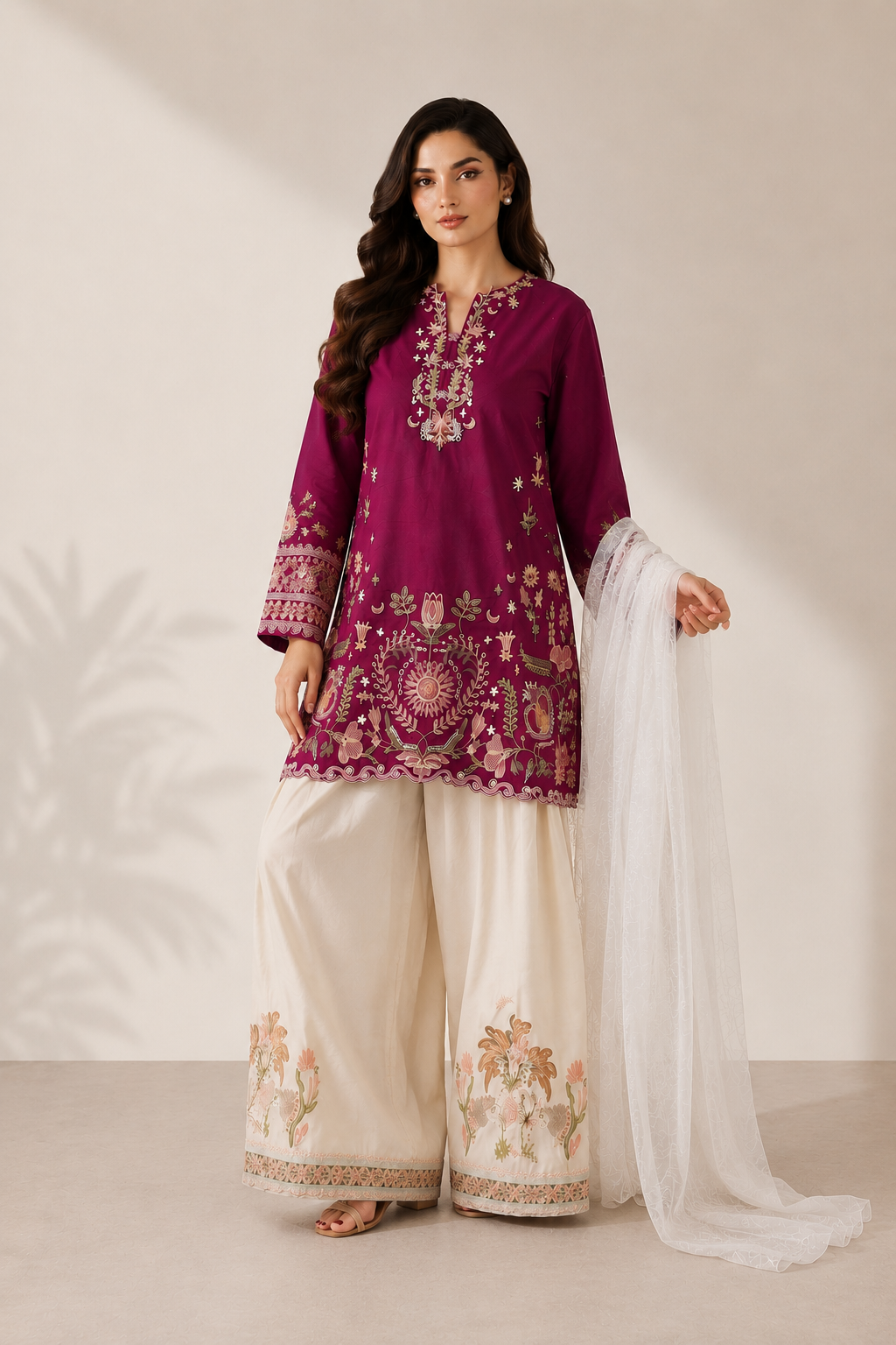 Wine 3PC Summer Embroidered Dress