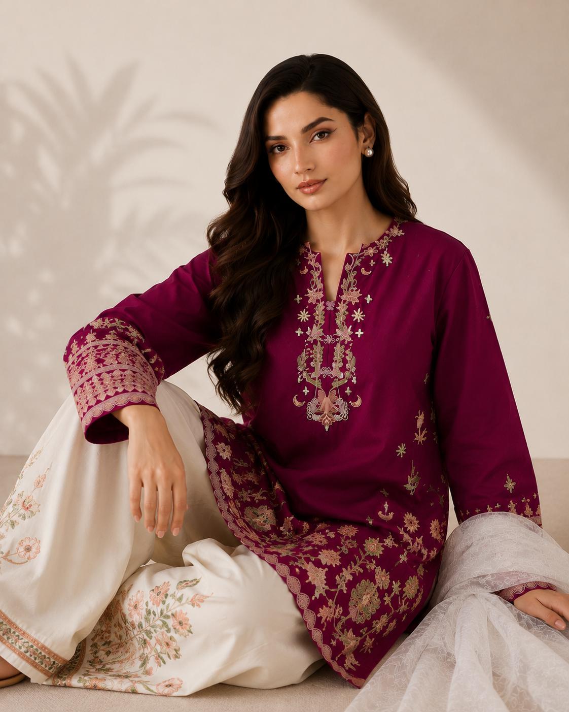 Wine 3PC Summer Embroidered Dress